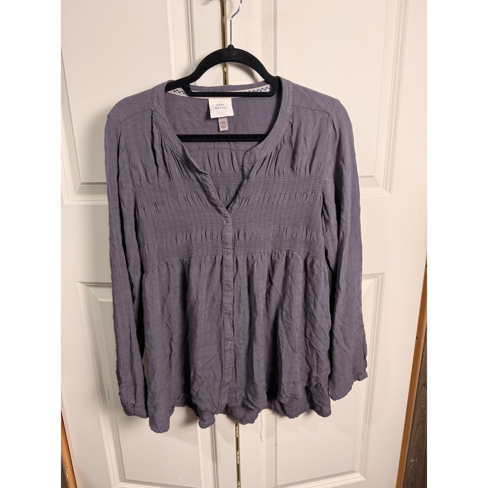 Knox Rose Purple Smocked Button Down Peasant Blouse XXL Boho Long Sleeve Top